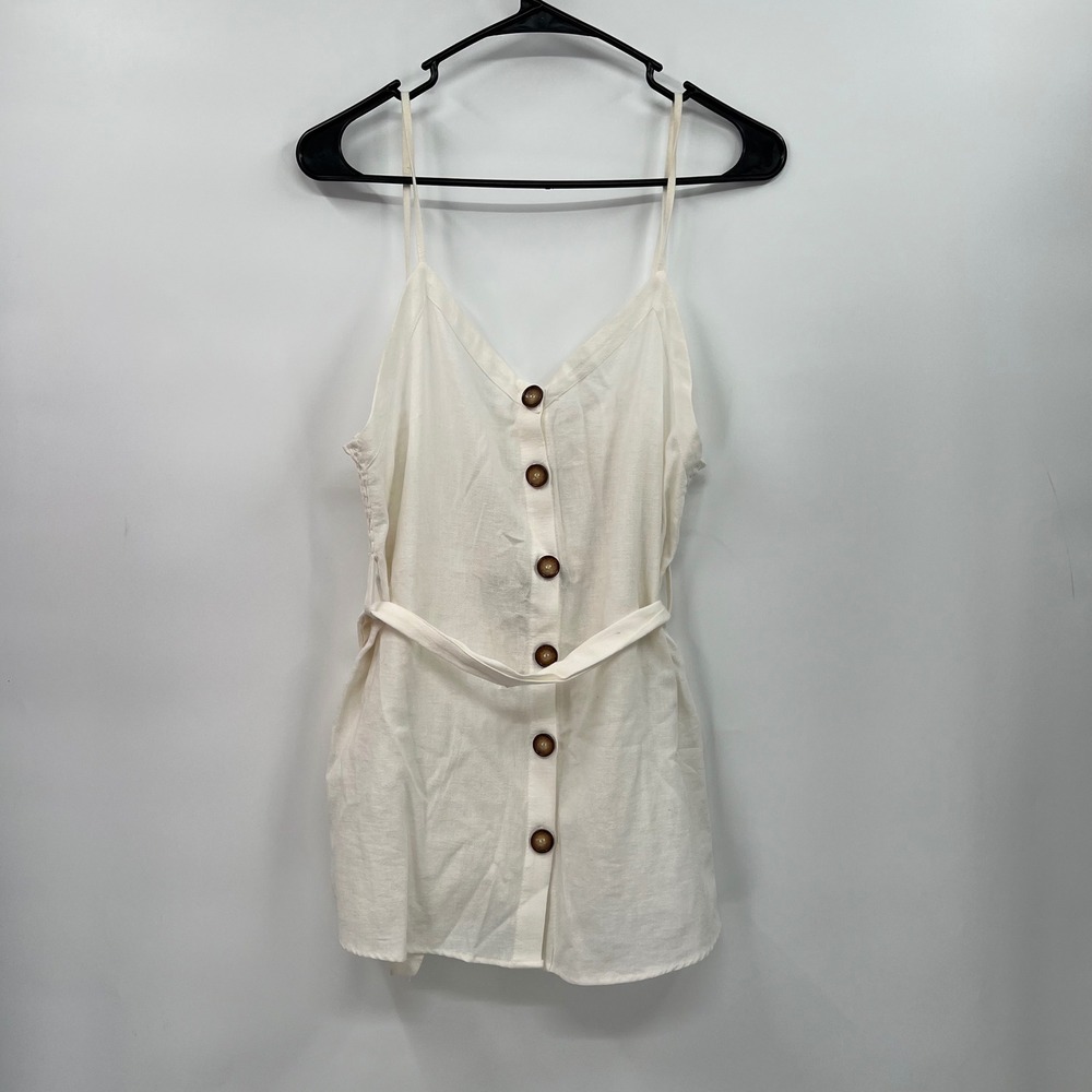 Zara XS Cami Top W Off White Linen Blend Button Front Smocked Back Tie Waist